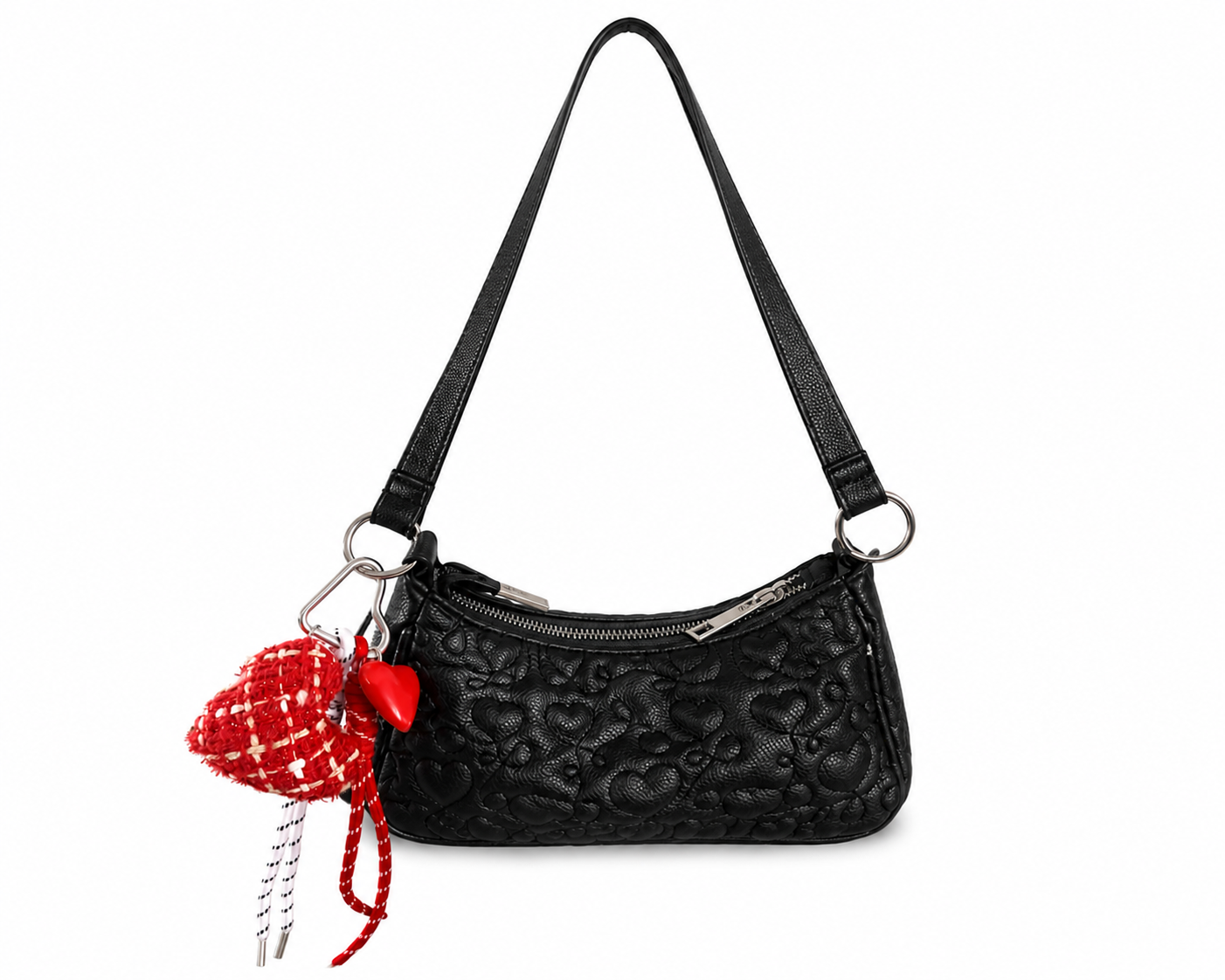 Bolsa Shoulder Negra Corazones Charm Rojo